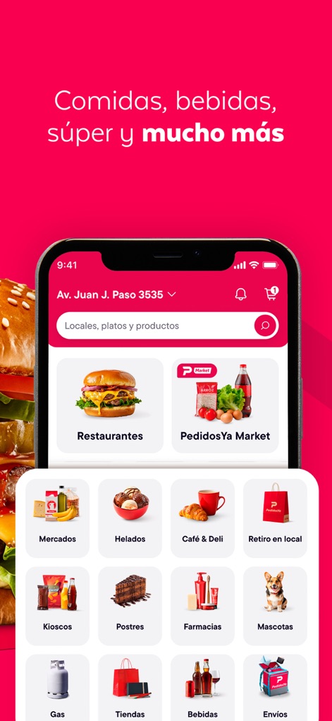 PedidosYa - Food Delivery - Explore the comprehensive array of services, including dedicated 'Restaurantes' and 'PedidosYa Market' categories, accessed effortlessly through the intuitive category icons.