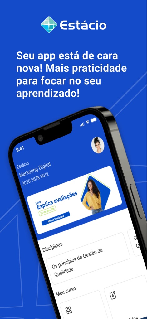 Minha Estácio - The app's redesigned interface offers quick access to live academic events and an organized list of enrolled disciplines, streamlining the learning experience.