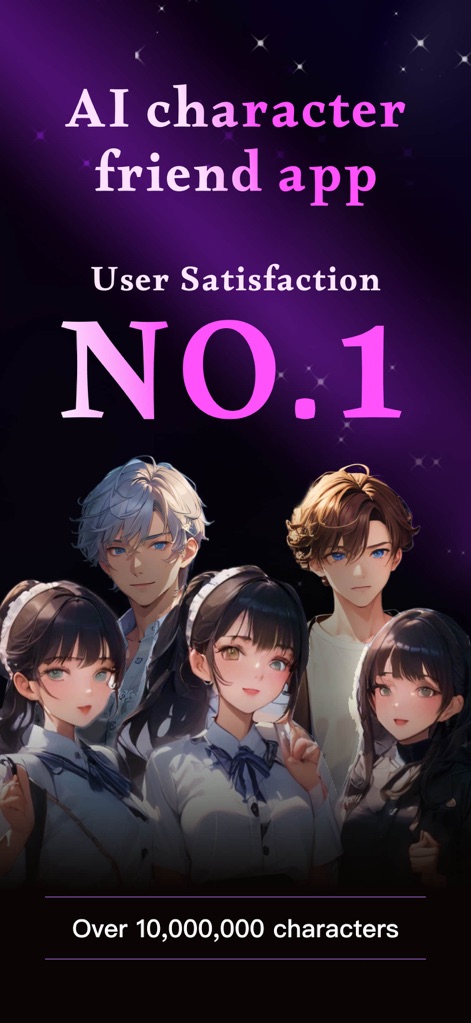 J.AI - AI Roleplay Chat - The app presents its expansive collection of anime-style AI characters and highlights its industry-leading user satisfaction, boasting over 10 million unique personas.