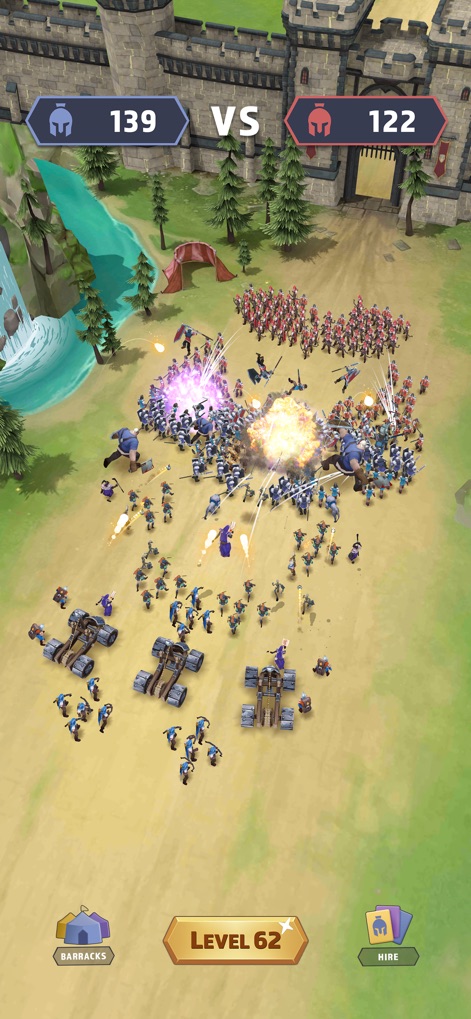 Kingdom Clash:Medieval Defense - Experience the visual spectacle of explosive combat effects and the active "Level Up" progression displayed mid-battle.