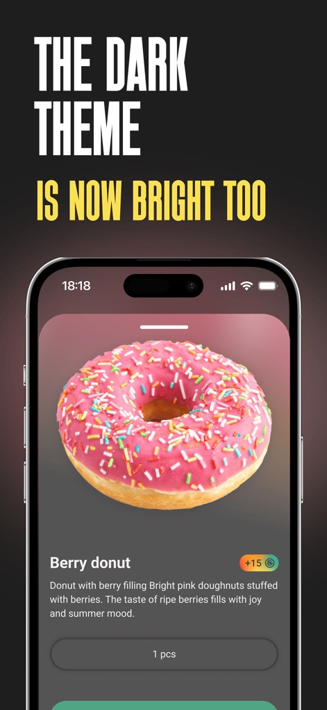 Папа Джонс - Доставка пиццы - L'application intègre un thème sombre élégant qui met en valeur les visuels des produits, comme le donut à la baie, offrant une expérience utilisateur agréable et optimisée.
