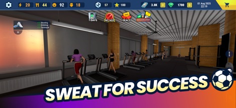 Soccer Life Simulator - Observe players engaging in rigorous training sessions within the gym environment, demonstrating how activities like using treadmills contribute to improving core skills such as shooting and dribbling.