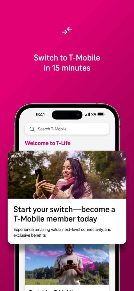 T-Life App Store screenshot 4, headline “Switch to T-Mobile in 15 minutes”. Uses a number.