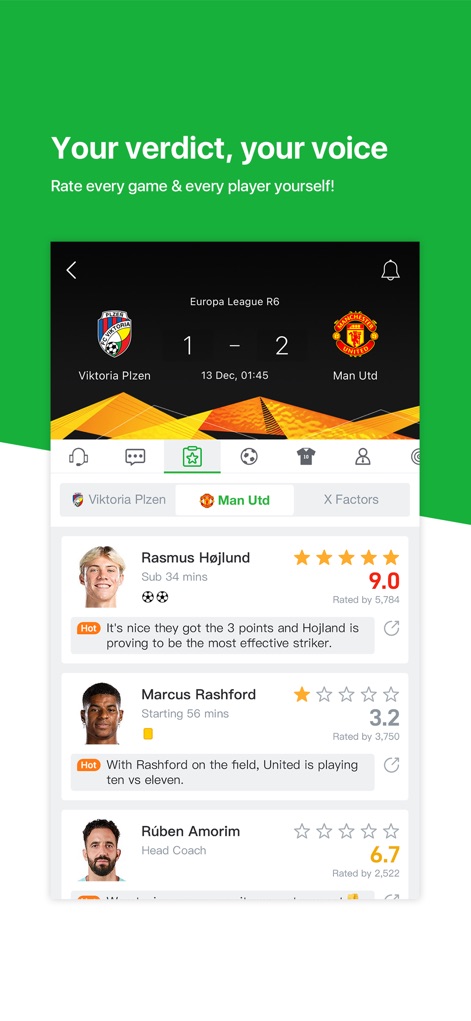 All Football - Soccer scores - ユーザーは各試合や選手に対して評価を投稿でき、Rasmus HøjlundとMarcus Rashfordの個別の評価点やコメントが表示されます。