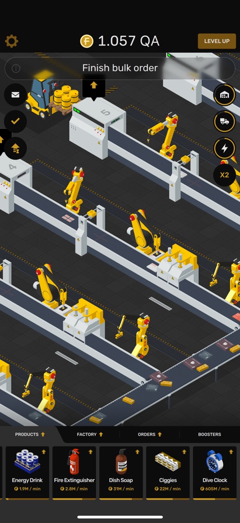 Factory: Idle & Tycoon Game - This view reveals an expansive factory layout, featuring multiple conveyor belts and automated robotic systems working in concert to boost production.