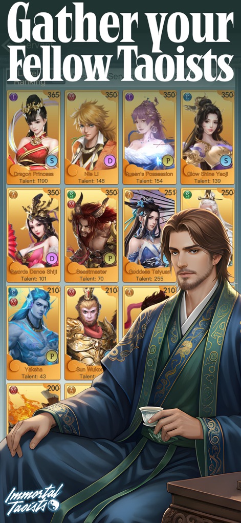 Immortal Taoists-MUD Wuxia - View the array of unique character cards, each detailing a companion's name and talent level for strategic assembly.