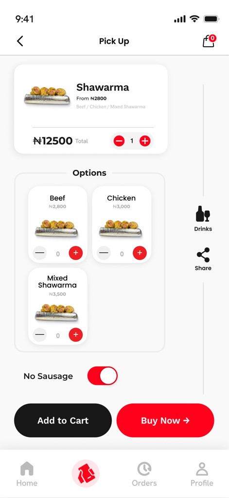 Item7go - Los usuarios pueden adaptar su Shawarma eligiendo entre variantes como 'Beef' o 'Chicken', y activar o desactivar características específicas con un interruptor, como la opción 'No Sausage'.