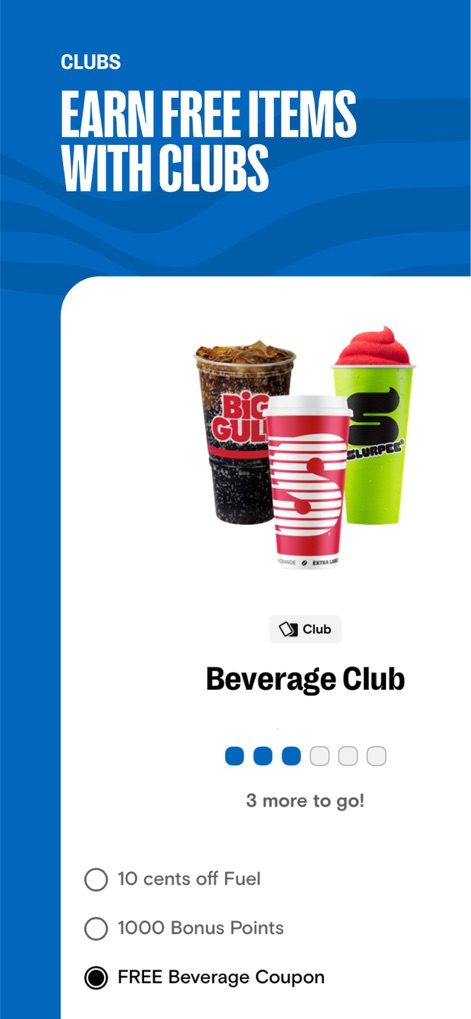 Speedway: Rewards & Shopping - Discover how to "EARN FREE ITEMS WITH CLUBS" through the engaging Beverage Club progress tracker, offering choices like 10 cents off fuel or a free beverage coupon.