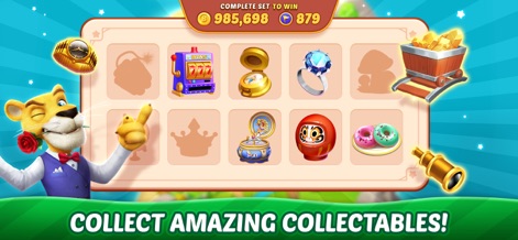 Bingo Aloha-Vegas Bingo Games - The app incentivizes play with a captivating collectibles system, featuring a sophisticated cheetah character presenting the rewards and a diverse array of items such as slot machines and rings for users to acquire.