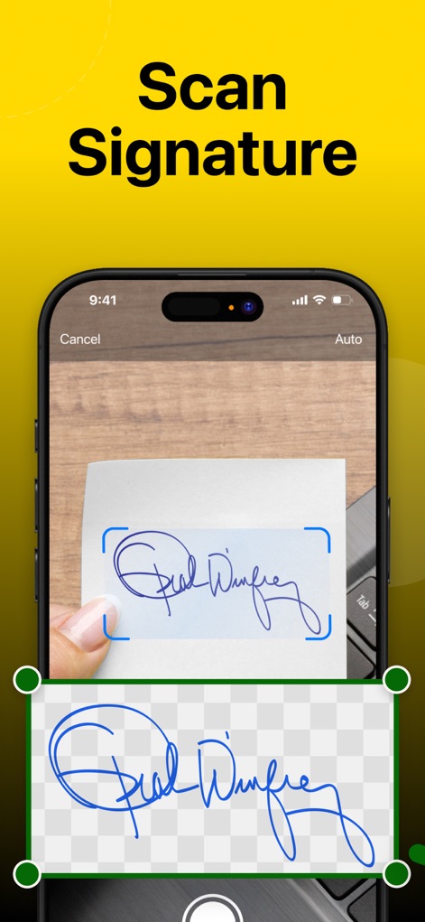 e Signature Scanner, Sign PDF - The app allows users to scan their handwritten signature from paper using a phone camera and automatically cleans the background for a transparent digital result.