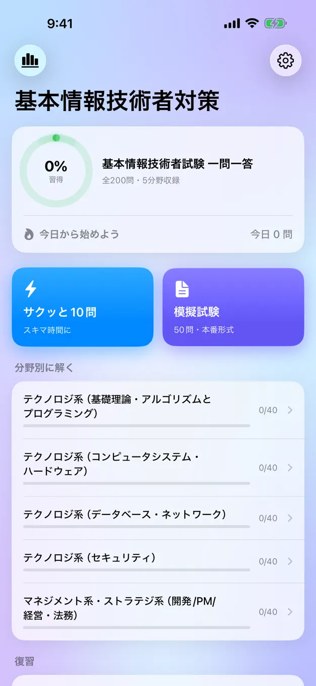 基本情報技術者のアプリ画面
