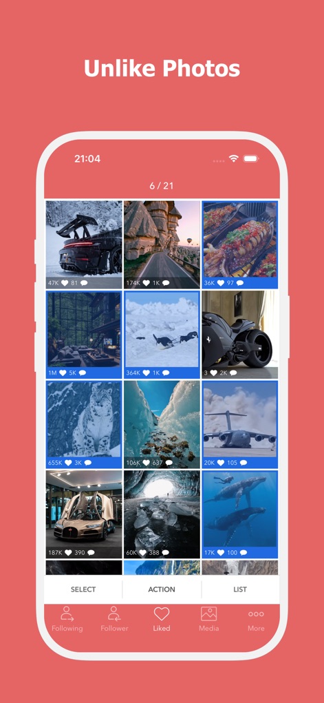 Unfollow for Instagram + - La aplicación facilita la gestión de interacciones previas, mostrando miniaturas de publicaciones con sus contadores de "Likes" y "Comentarios" para una deselección eficiente.