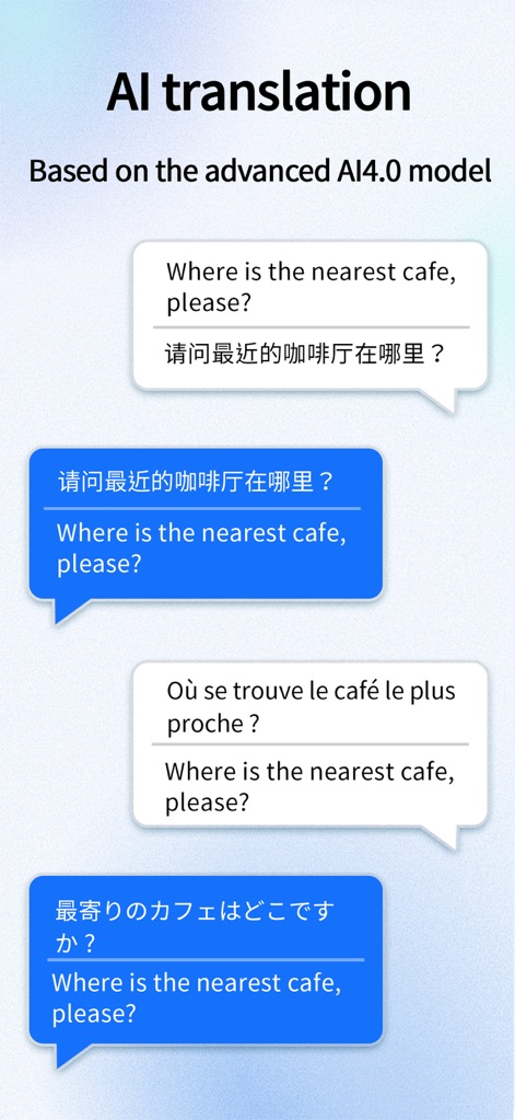Translate - Text Speak & Photo - A interface apresenta traduções baseadas em IA para uma única frase em múltiplos idiomas, como inglês, francês e japonês, destacando as diversas opções de idiomas e o formato de bolha de chat para cada tradução.