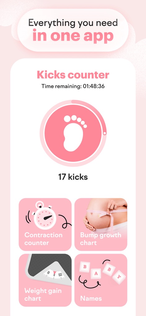 amma: Pregnancy & Baby Tracker - The app centralizes crucial pregnancy tools, featuring a prominent "Kicks counter" with a timer and dedicated charts for tracking "Bump growth" and weight gain.