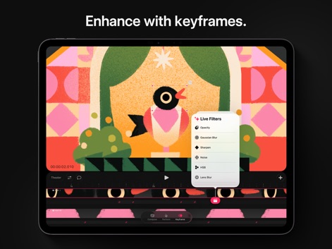 Procreate Dreams - ユーザーは、キーフレームを使用してアニメーション内の動きや効果を正確に制御できるほか、ガウスぼかしやノイズといった多様なライブフィルターを適用して視覚効果を高められます。