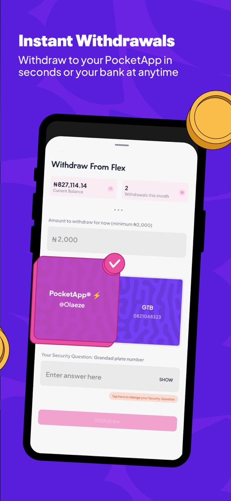 PiggyVest: Save & Invest Today - この画面は「Withdraw From Flex」機能を示しており、ユーザーは現在の残高からPocketAppまたは銀行口座へ迅速に出金手続きを進められます。