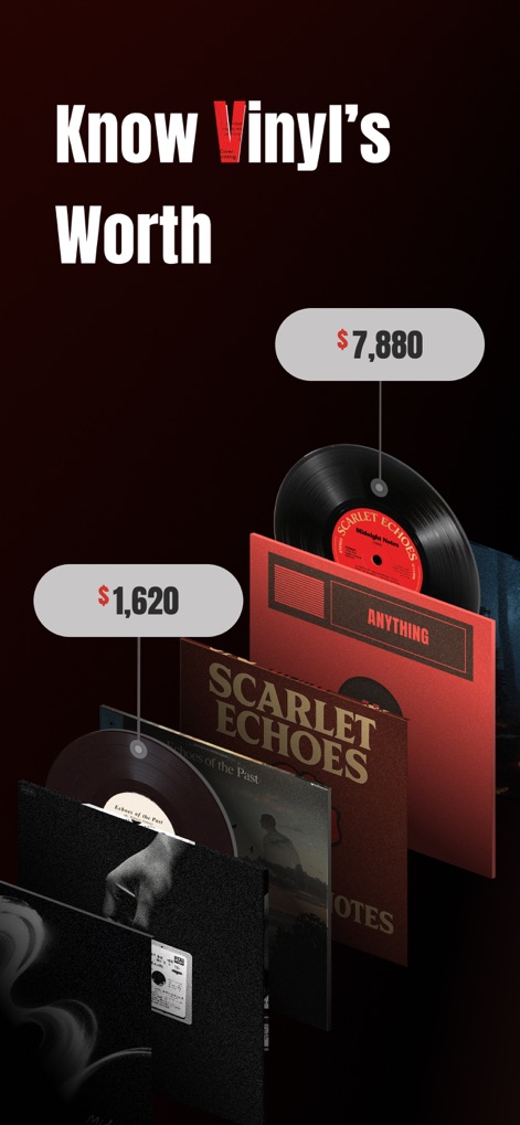 VinylSnap: Scan & Value Record - This tool instantly displays the market worth of individual records, showcasing specific price tags like $1,620 and $7,880 for rare pressings.