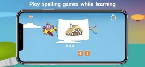 LearnEnglish Kids: Playtime - このアプリのスペリングゲームでは、家のイラストが表示された問題に対して、「e」「s」のような欠けている文字を埋めるブロックを配置することで、子供たちは単語の綴りを楽しく学習できます。