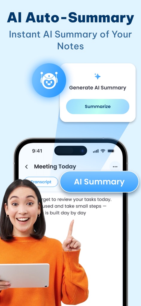 AI Voice Note Lock – App Lock - The app provides intelligent AI summary generation, allowing users to quickly condense lengthy notes with a clear summary button for extracting key information.
