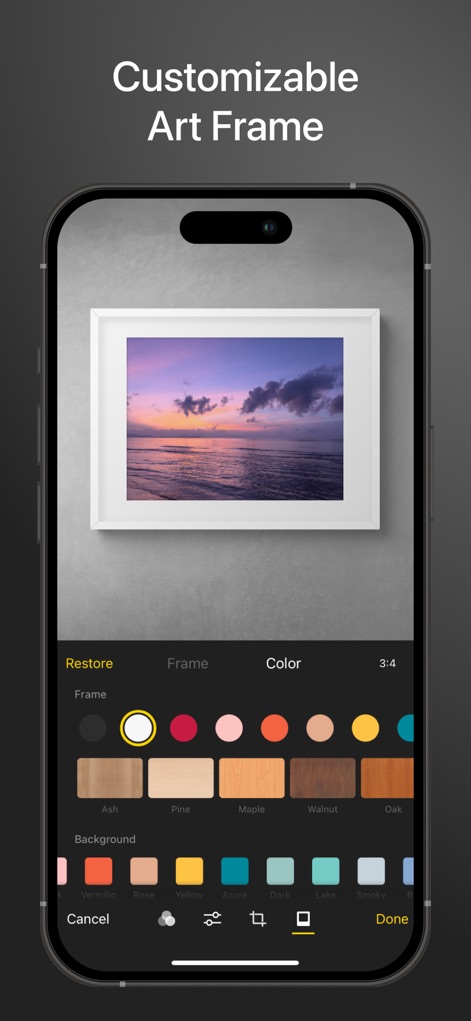 Varlens - DSLR in Phone - The app allows photographers to enhance their images with customizable art frames, selecting various styles and background colors for a refined presentation.