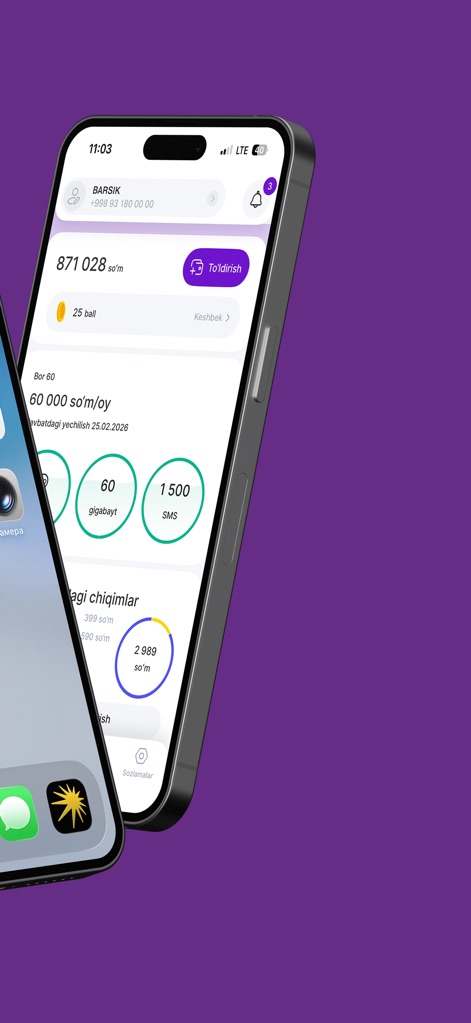 Ucell - アプリのダッシュボードでは、ユーザーは現在の主要残高を一目で把握し、利用データ量を円形のインジケーターで確認できます。