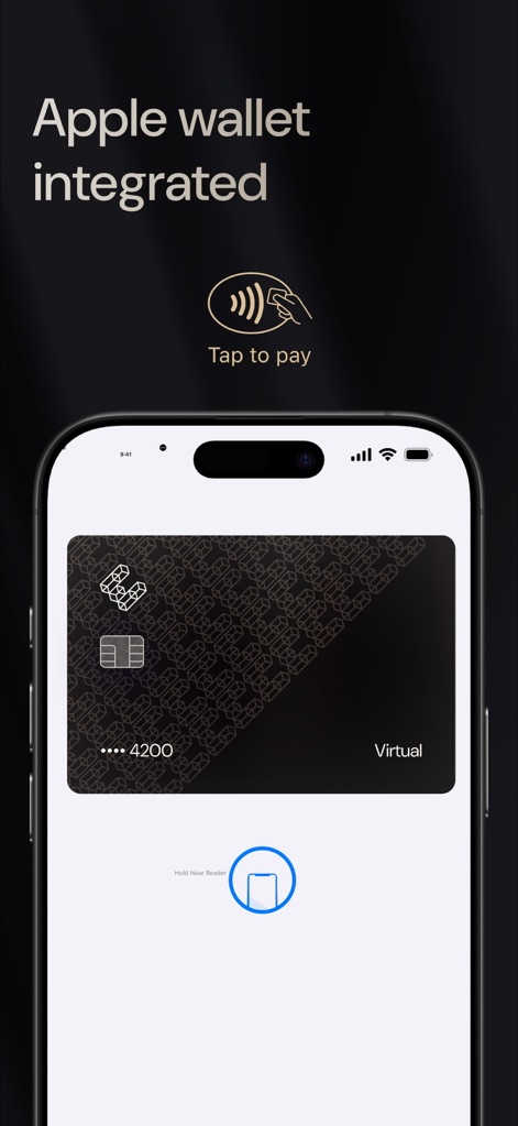 ether.fi: Crypto Card & Spend - The app demonstrates its seamless integration with Apple Wallet, showcasing the virtual card interface and the intuitive 'Tap to pay' functionality for quick transactions.