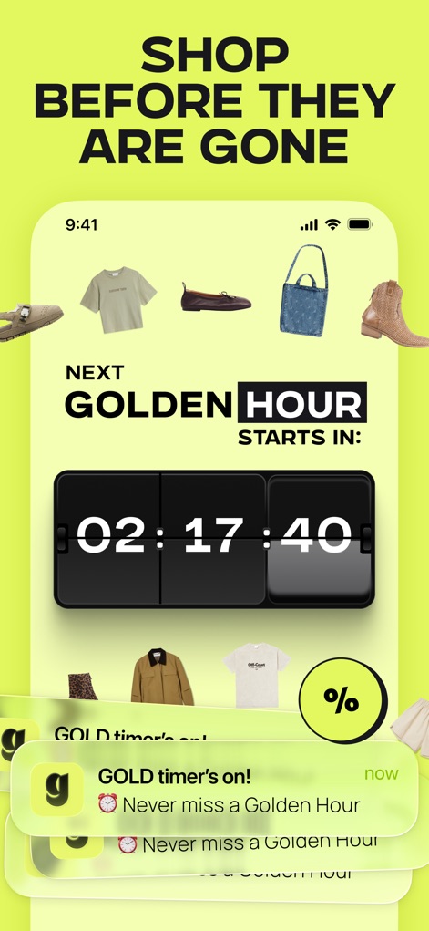 GOLD - The Best Deals Daily - The app ensures users never miss out by displaying a clear countdown timer for the next Golden Hour and offering helpful push notifications.