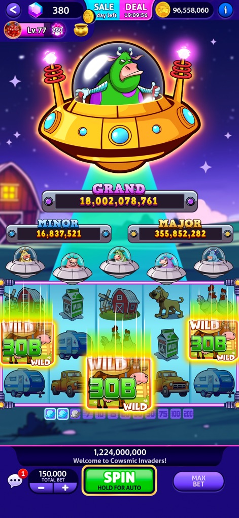 Club Vegas Slots Casino games - Experience the vibrant Cowsmic Invaders slot, featuring its dynamic UFO jackpot display and charming farm-themed animated reels.