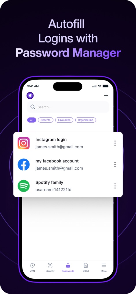 PureVPN: Fast and Secure VPN - El gestor de contraseñas integrado simplifica el acceso, mostrando una lista de entradas de inicio de sesión para plataformas como Instagram y la pestaña 'Passwords' activa que indica su funcionalidad.