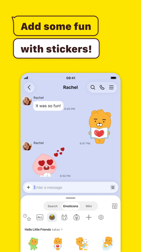 KakaoTalk : Messenger App Store screenshot 3, headline “Add some fun with stickers!”. Yellow.