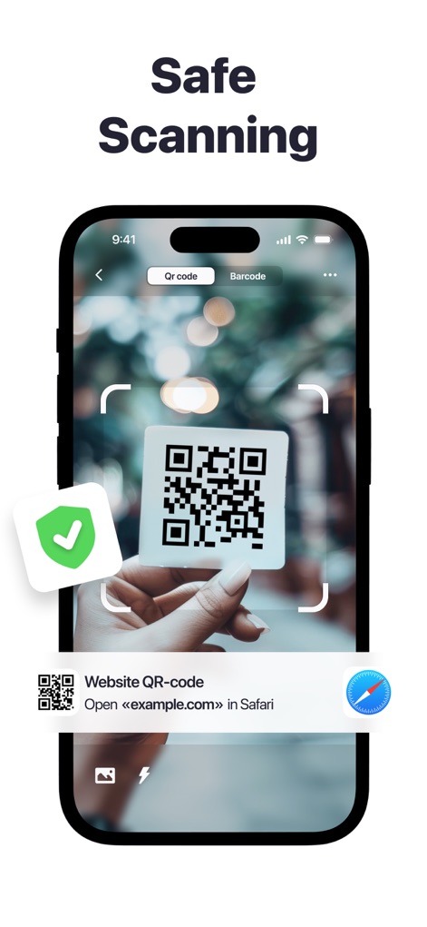 QR Code Reader＋Barcode Scanner - 이 앱은 스캔 시 보안 상태를 나타내는 녹색 방패 아이콘을 표시하여 안전성을 강화하며, 감지된 웹사이트 QR 코드에 대한 사파리 알림을 통해 즉시 접근할 수 있도록 돕습니다.