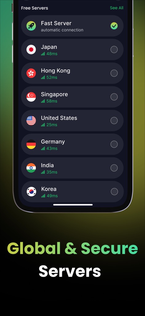 Bear VPN - Fast VPN Proxy - Découvrez une liste exhaustive de serveurs mondiaux incluant le Japon et Singapour, et comparez leur latence affichée pour une performance optimale.