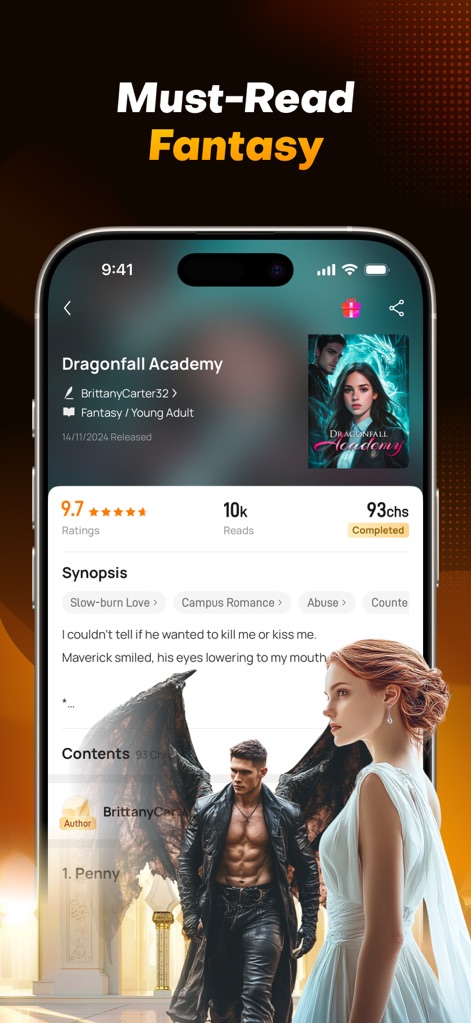 JoyLit - This view presents crucial story elements, from its compelling "Fantasy" and "Young Adult" genre classification to descriptive trope tags like "Slow-burn Love."