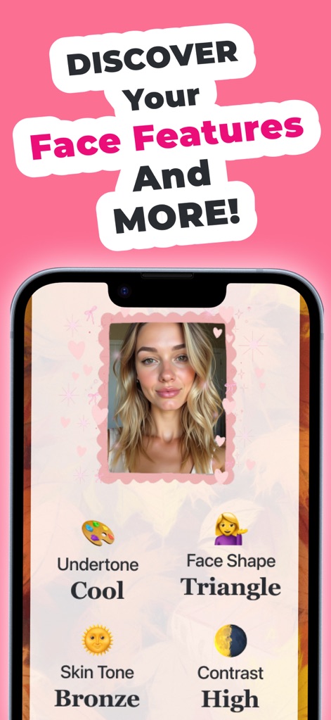 Glamour:Color Analysis&Glow Up - この画像では、ユーザーの顔の特徴を詳細に分析する機能が紹介されています。肌のアンダートーンが「クール」と特定されている点と、顔の形が「トライアングル」と示されている点から、個別の美の要素を深く理解できます。