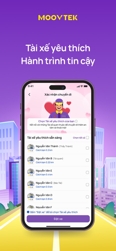 MOOVTEK - Observe how the app enhances reliability by allowing users to select their favorite drivers from a personalized list, complete with driver ratings and proximity information.