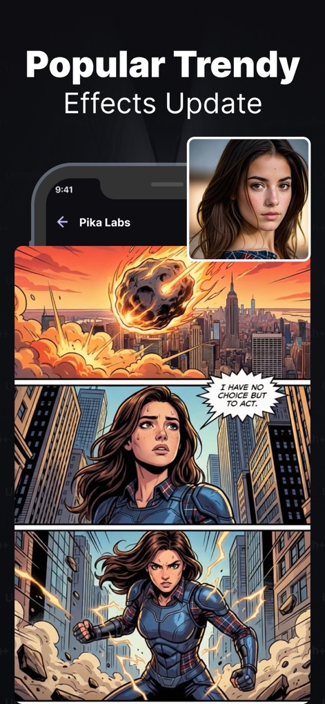 Pika Labs: AI Trend Effects - Plongez dans les effets tendances populaires, illustrés par la transformation d'une image en bande dessinée dynamique et la représentation d'une météorite.