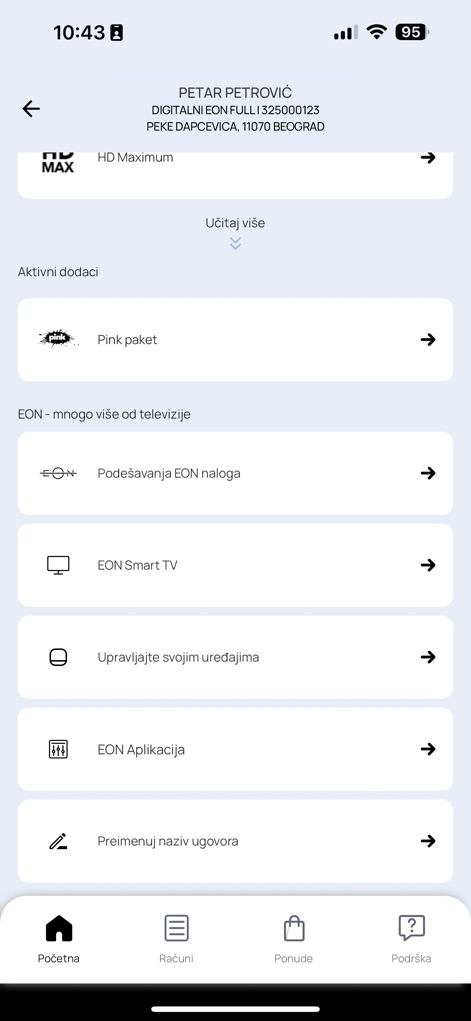 Moj SBB - A tela detalha as opções de 'Podešavanja EON naloga' (configurações da conta EON) e 'Upravljajte svojim uređajima' (gerenciamento de dispositivos), oferecendo controle sobre o ecossistema EON.