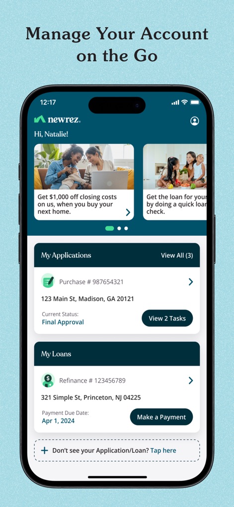 Newrez - The app provides a clear "My Applications" overview and "My Loans" payment details for easy tracking of financial obligations.