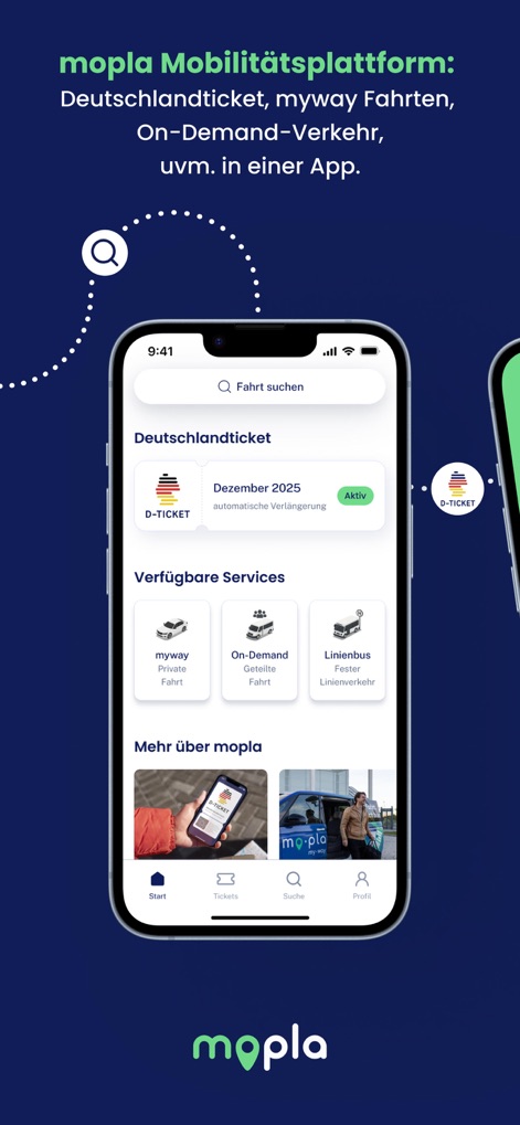 mopla - Die mopla-App präsentiert die Startseite mit einer Übersicht des Deutschlandtickets und den verfügbaren Services wie myway und On-Demand-Verkehr.