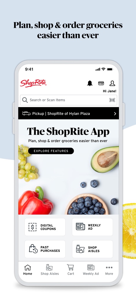 ShopRite: Groceries & Savings - Die App präsentiert eine übersichtliche Startseite mit einer Navigationsleiste unten und schnellen Zugriffsknöpfen für wichtige Funktionen wie digitale Coupons und den Wochenprospekt.