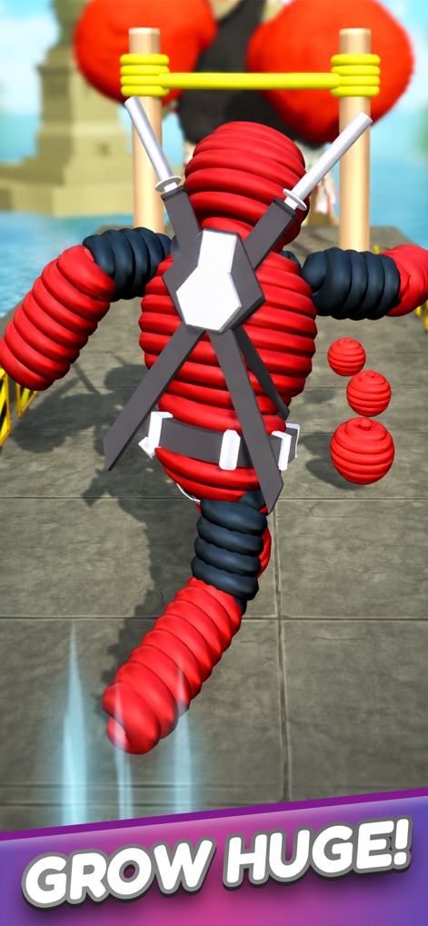 Rope Man: Monster Battle Run - Observe how the unique rope-based character expands its form by collecting vibrant yarn, visually representing its progression and power.