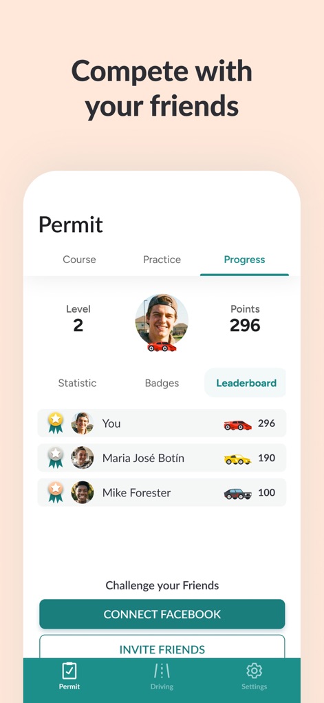 Zutobi: Permit & Driving Prep - Users can challenge friends on the integrated leaderboard, fostering a competitive learning environment with score tracking and social connection options.