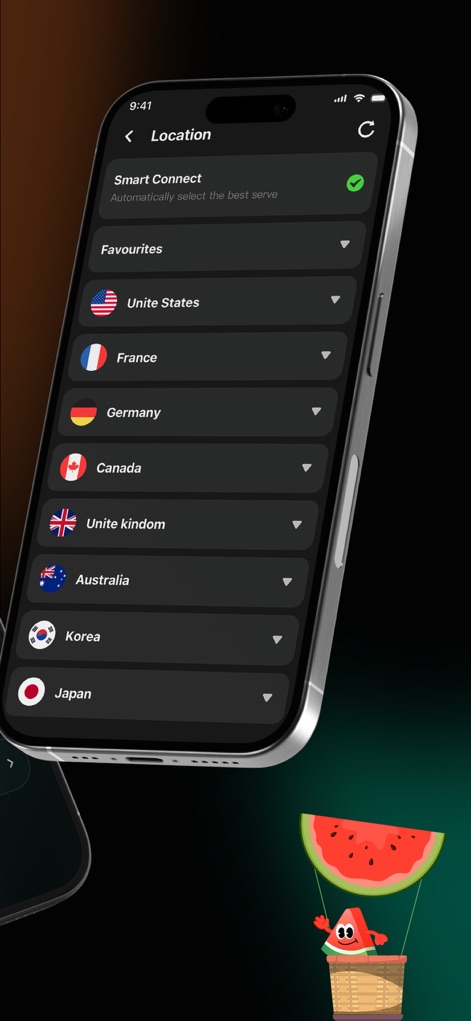 Melon VPN - Easy Fast Low-cost - Users can effortlessly browse and select from a comprehensive list of global server locations, or opt for the "Smart Connect" function to automatically find the best available option.