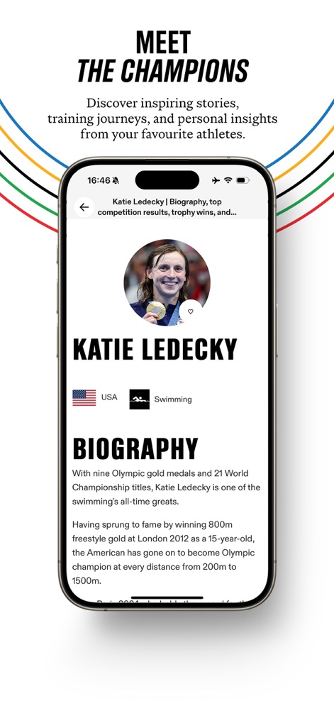 Olympics: Live Sports & News - Tauchen Sie ein in die Geschichten der Champions: Die App präsentiert detaillierte Athletenbiografien, wie die von Katie Ledecky, komplett mit ihrem Portraitbild und ihren beeindruckenden sportlichen Erfolgen.