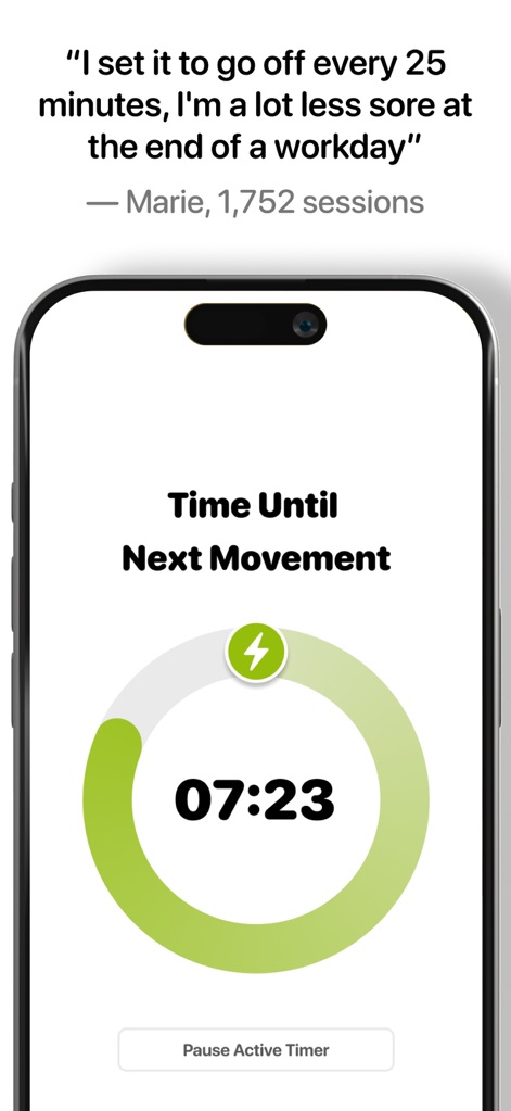 Wakeout! Desk Stretch & Energy - Cet écran illustre la fonction "Active Timer" avec son compte à rebours visuel et l'option "Pause Active Timer", assurant que les utilisateurs prennent des pauses régulières et personnalisées.