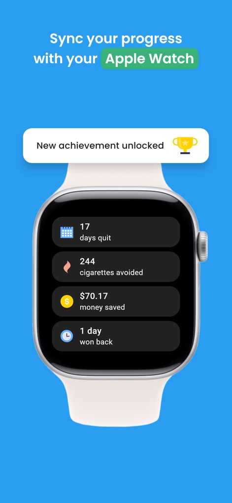 QuitNow! - A integração com o Apple Watch permite que os usuários acompanhem seu progresso rapidamente, exibindo o número de cigarros evitados e o dinheiro economizado diretamente no dispositivo de pulso.