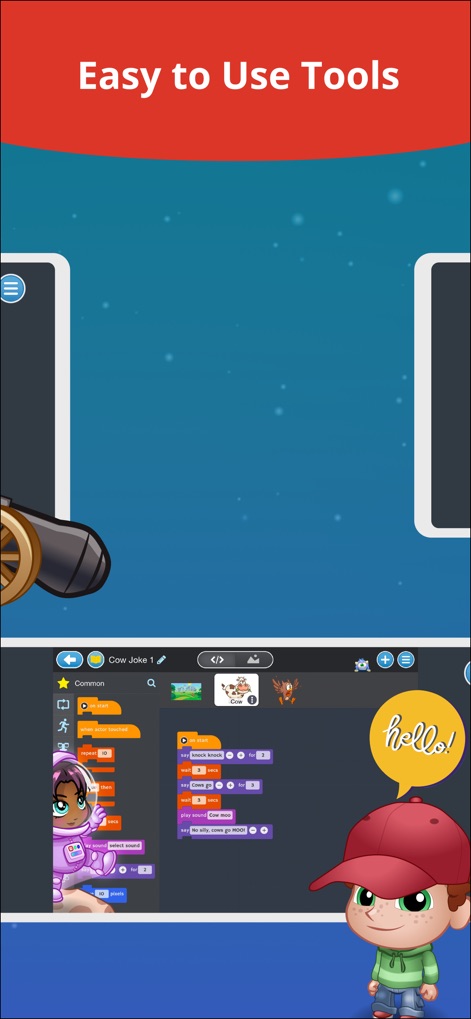Tynker: Coding for Kids - L'interface de programmation par blocs, avec des catégories clairement identifiées et un personnage interactif affichant "hello!", rend l'apprentissage du code accessible et amusant pour les débutants.
