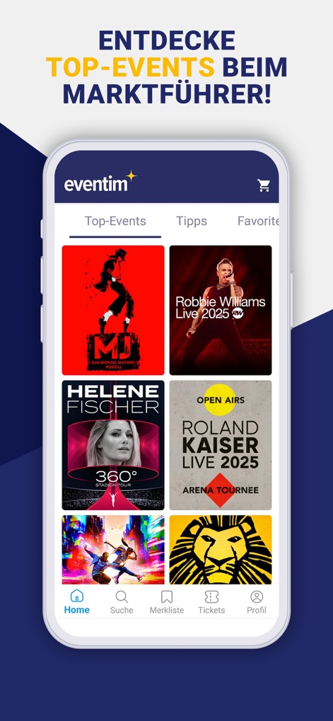 EVENTIM DE: Tickets for Events - The app presents a diverse range of top-tier events through striking event posters and offers intuitive navigation via its persistent bottom menu, guiding users to discover their next live experience.