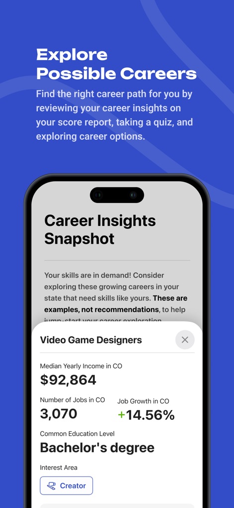 BigFuture School - This tool assists users in career planning by offering a 'Career Insights Snapshot' with data on fields like 'Video Game Designers', including median yearly income.