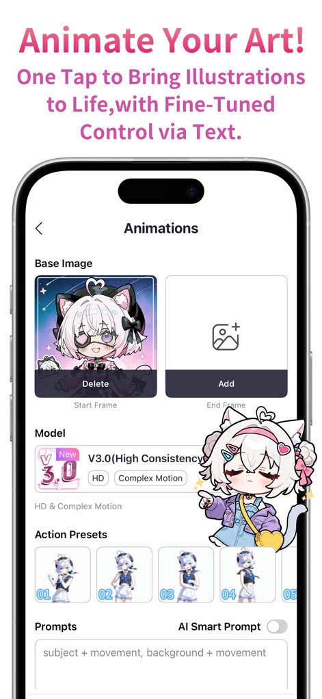 PixAI - AI Anime Art Generator - Esta pantalla revela la funcionalidad de animación de la aplicación, presentando la sección "Animations" con opciones para añadir imágenes base y "Action Presets" numerados, permitiendo a los usuarios dar vida a sus creaciones.